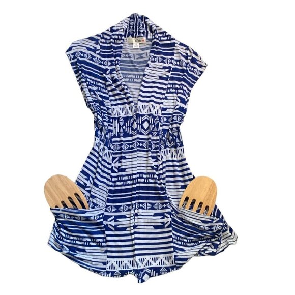 Derek Heart M Lightweight Vest Cardigan Blue White Aztec Tribal Pockets 109C - Picture 6 of 9